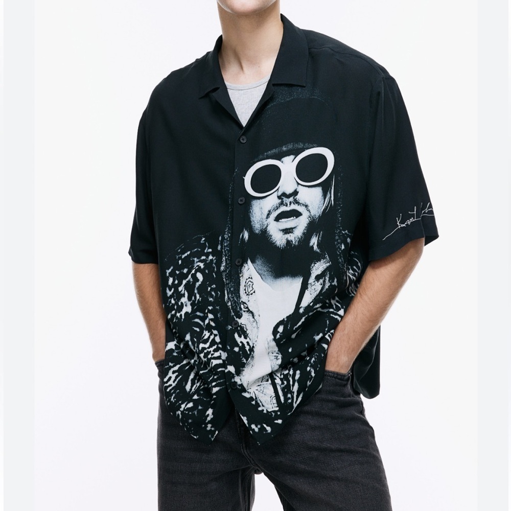 H&M Black & White Graphic Kurt Cobain Casual Resort Shirt, Hard to Find, Large